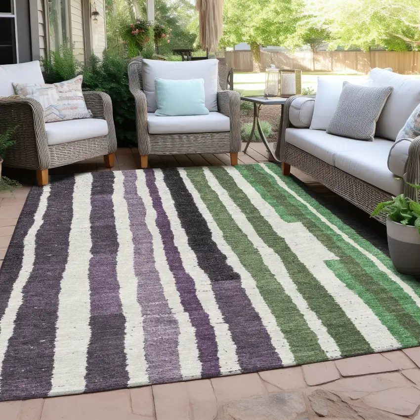 Purple Ivory And Green Striped Washable Indoor Outdoor Area Rug Photo 4