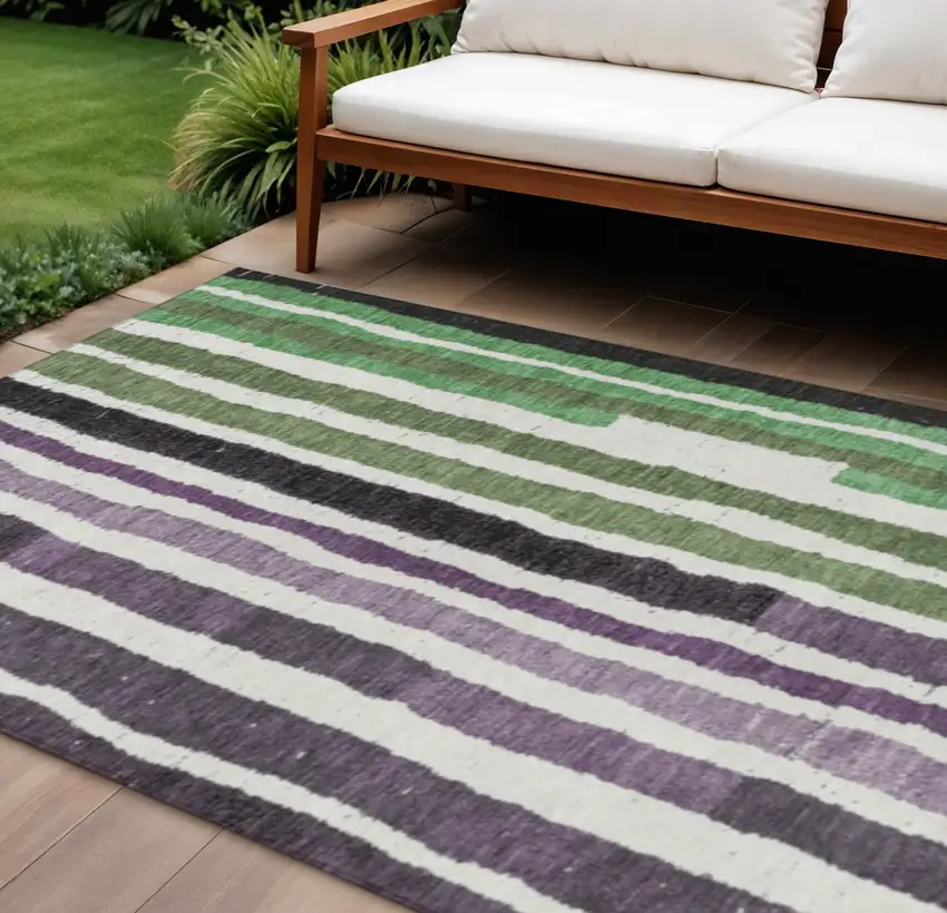 Purple Ivory And Green Striped Washable Indoor Outdoor Area Rug Photo 2