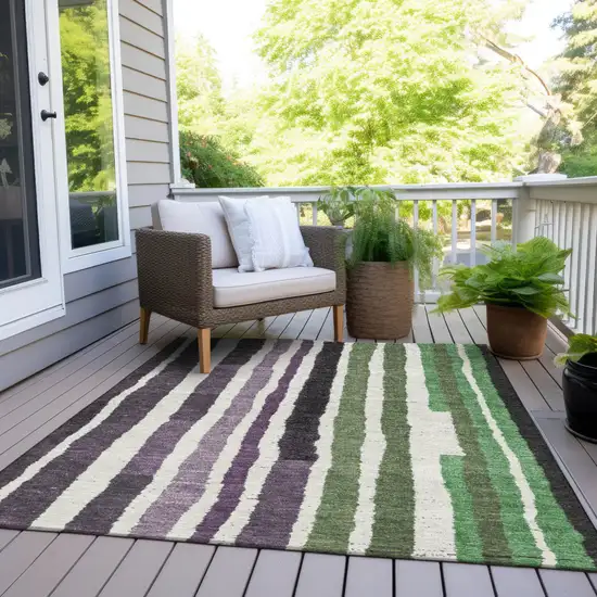 Purple Ivory And Green Striped Washable Indoor Outdoor Area Rug Photo 7
