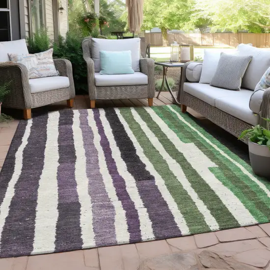 Purple Ivory And Green Striped Washable Indoor Outdoor Area Rug Photo 3