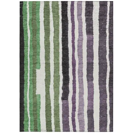 Purple Ivory And Green Striped Washable Indoor Outdoor Area Rug Photo 1