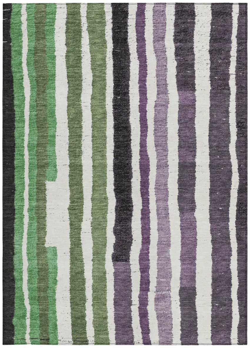Purple Ivory And Green Striped Washable Indoor Outdoor Area Rug Photo 1