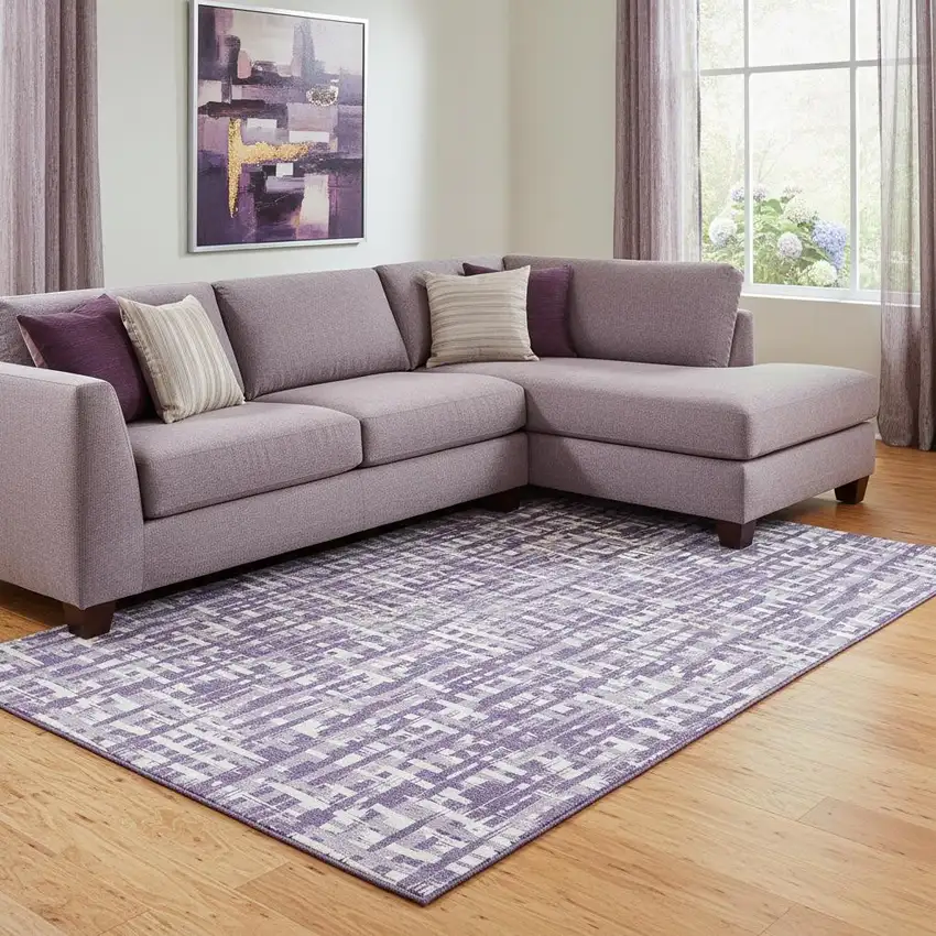 Purple Ivory And Lavender Abstract Geometric Washable Area Rug With UV Protection Photo 2