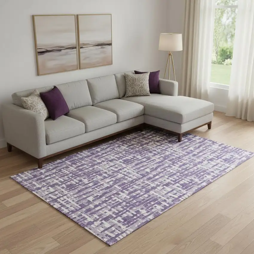 Purple Ivory And Lavender Abstract Geometric Washable Area Rug With UV Protection Photo 2