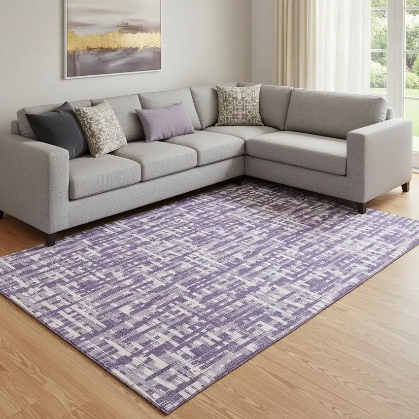 Purple Ivory And Lavender Abstract Geometric Washable Area Rug With UV Protection Photo 2