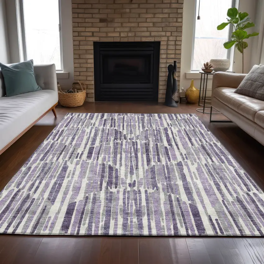 Purple Ivory And Lavender Abstract Washable Indoor Outdoor Area Rug Photo 6