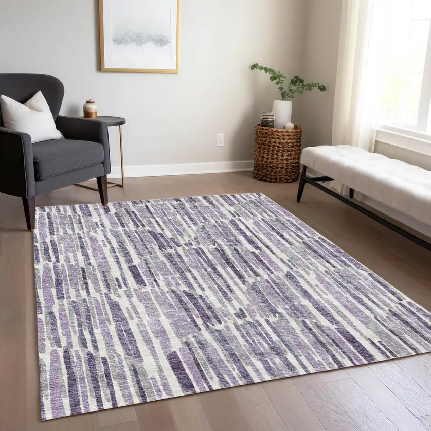 Purple Ivory And Lavender Abstract Washable Indoor Outdoor Area Rug Photo 9