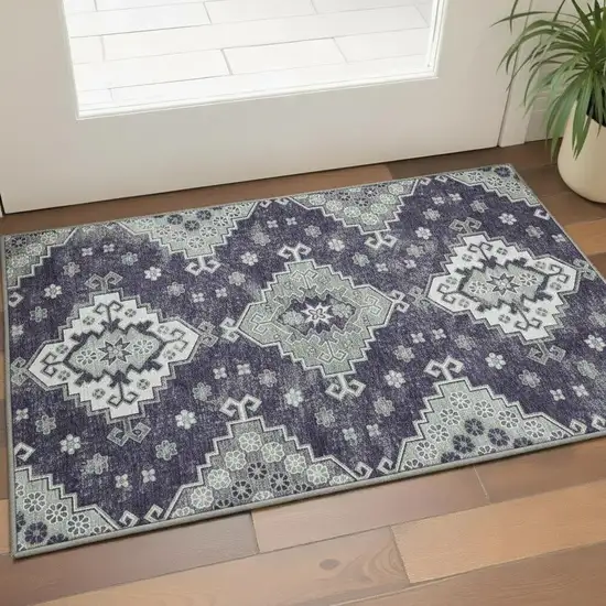 Purple Ivory And Sage Medallion Washable Area Rug With UV Protection Photo 2
