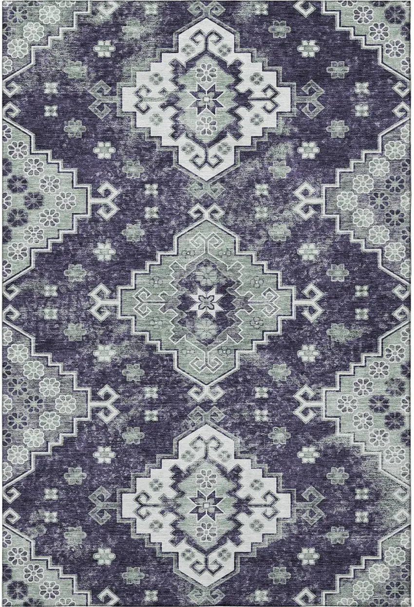 Purple Ivory And Sage Medallion Washable Area Rug With UV Protection Photo 4