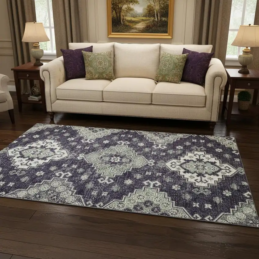 Purple Ivory And Sage Medallion Washable Area Rug With UV Protection Photo 2
