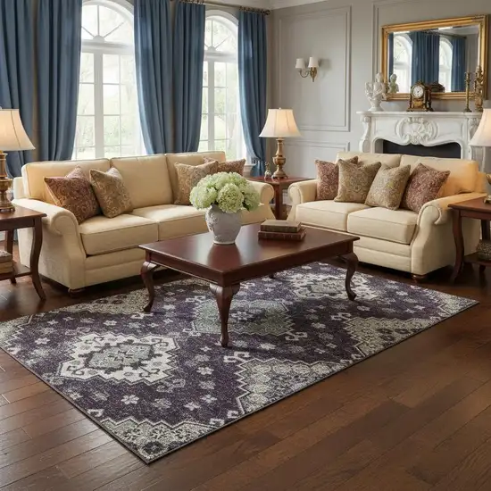 Purple Ivory And Sage Medallion Washable Area Rug With UV Protection Photo 2