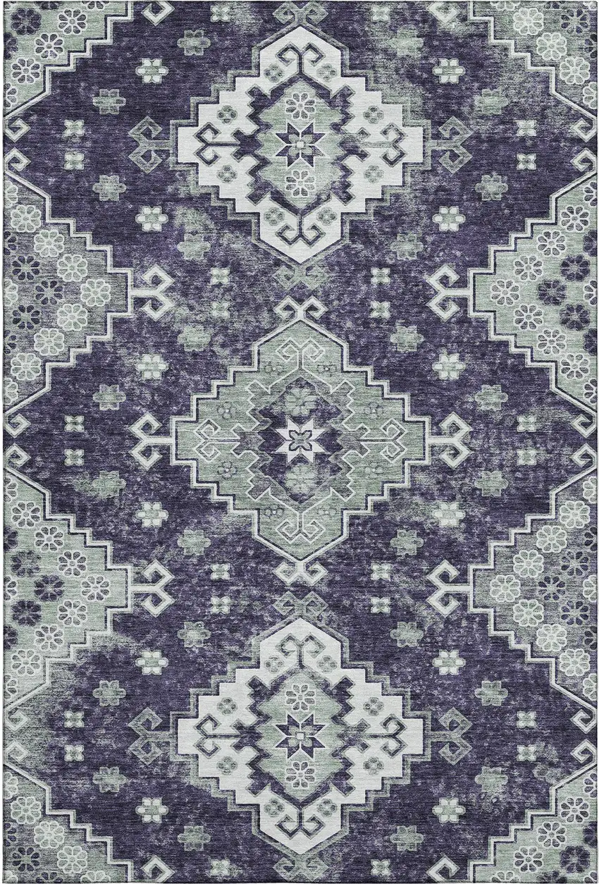 Purple Ivory And Sage Medallion Washable Area Rug With UV Protection Photo 1