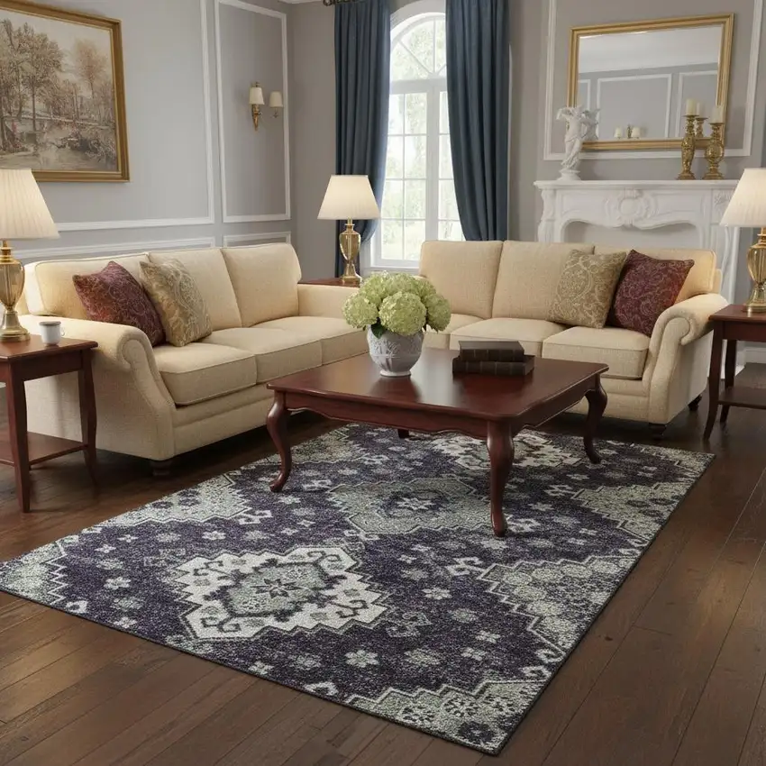 Purple Ivory And Sage Medallion Washable Area Rug With UV Protection Photo 2