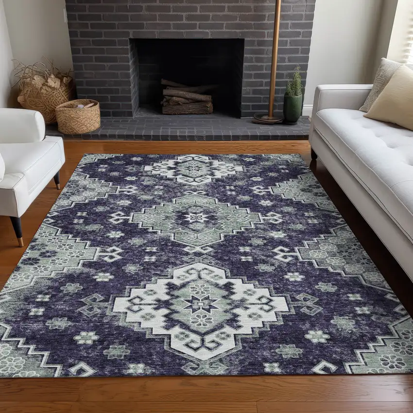 Purple Ivory And Sage Medallion Washable Area Rug With UV Protection Photo 5