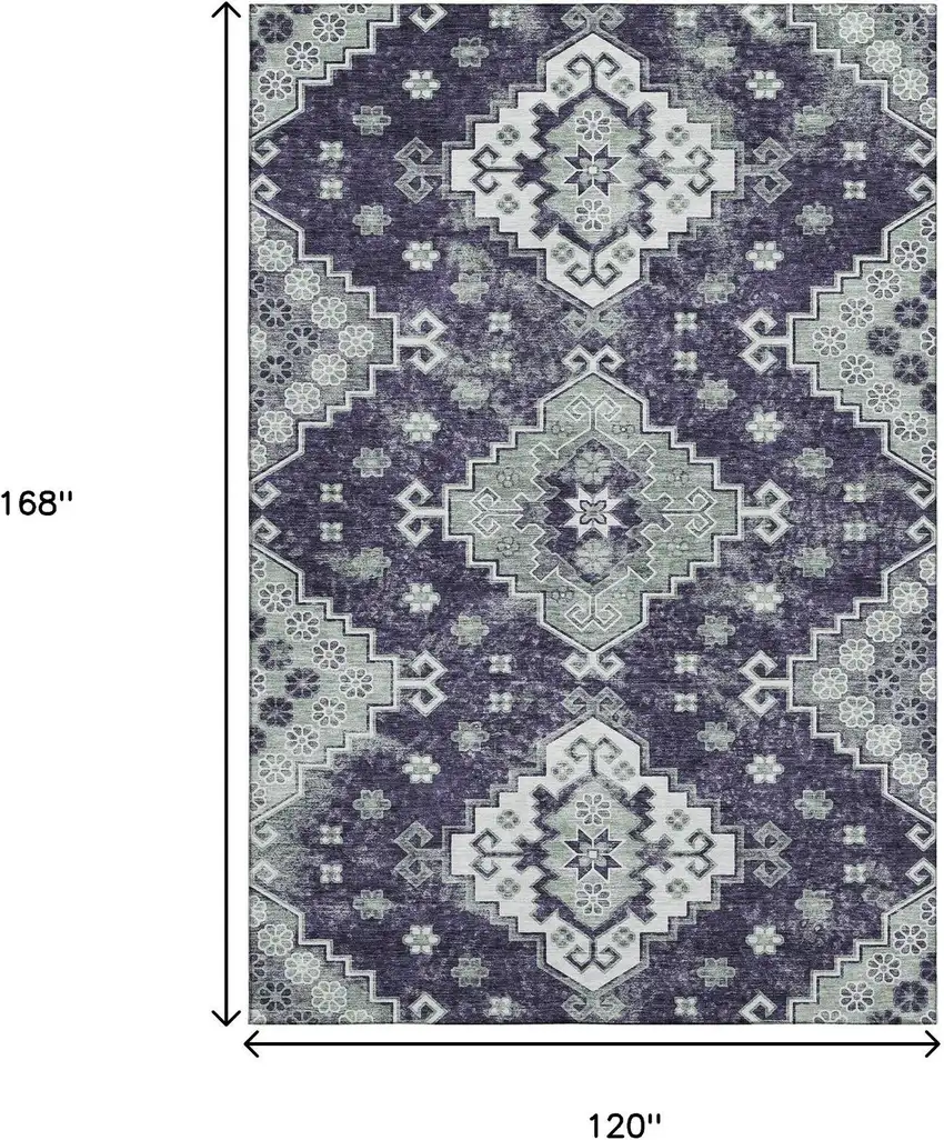 Purple Ivory And Sage Medallion Washable Area Rug With UV Protection Photo 3