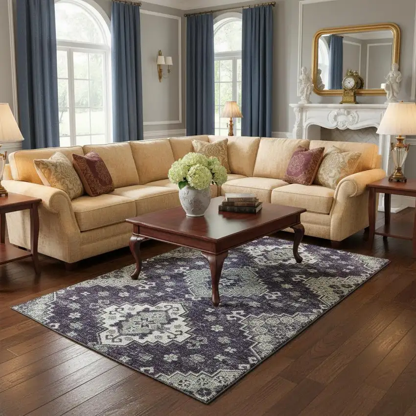 Purple Ivory And Sage Medallion Washable Area Rug With UV Protection Photo 2