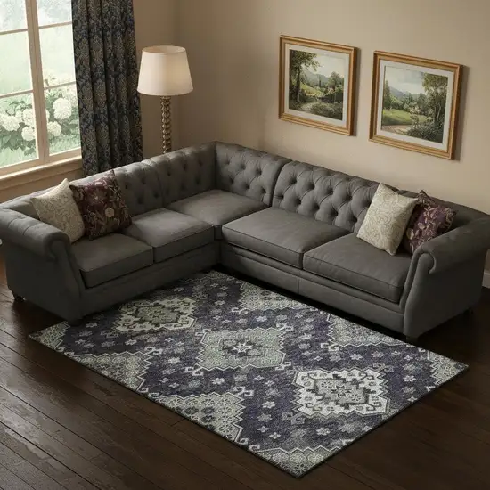 Purple Ivory And Sage Medallion Washable Area Rug With UV Protection Photo 1