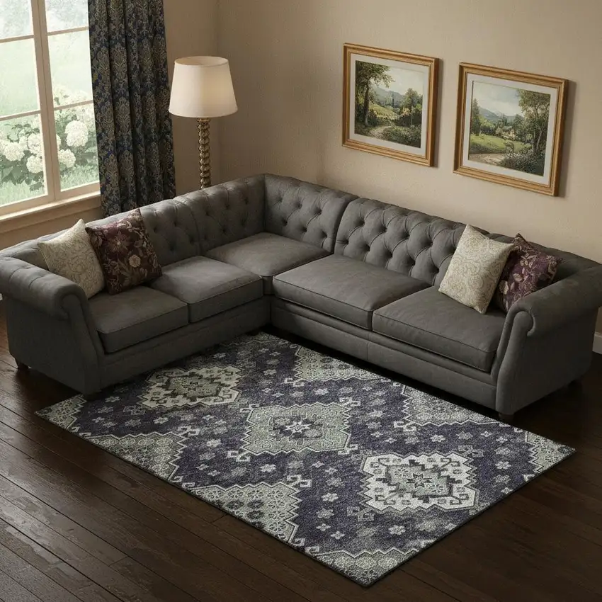 Purple Ivory And Sage Medallion Washable Area Rug With UV Protection Photo 1