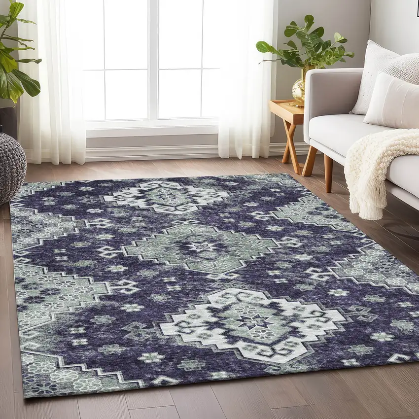 Purple Ivory And Sage Medallion Washable Area Rug With UV Protection Photo 6
