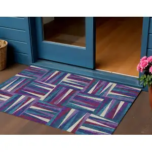 Photo of Purple Ivory And Teal Blue Geometric Washable Indoor Outdoor Area Rug