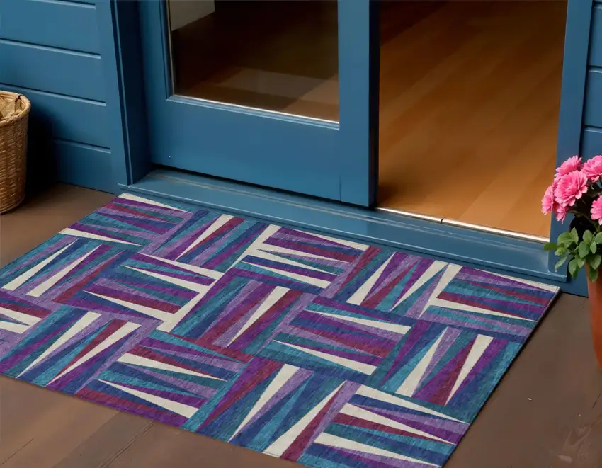 Purple Ivory And Teal Blue Geometric Washable Indoor Outdoor Area Rug Photo 1