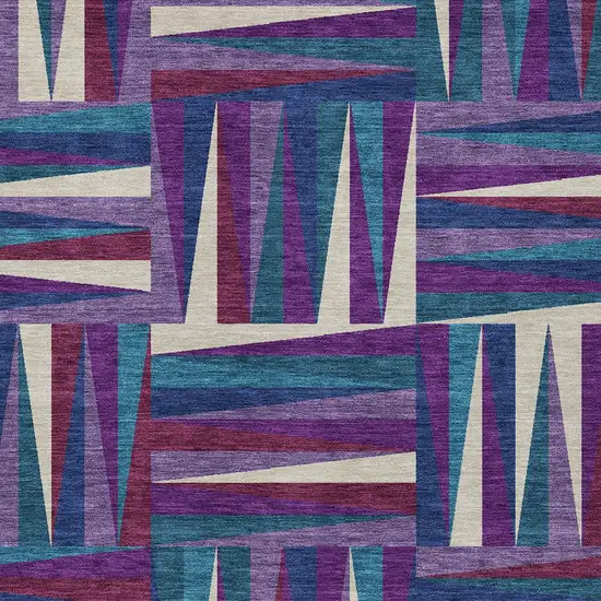 Purple Ivory And Teal Blue Geometric Washable Indoor Outdoor Area Rug Photo 5