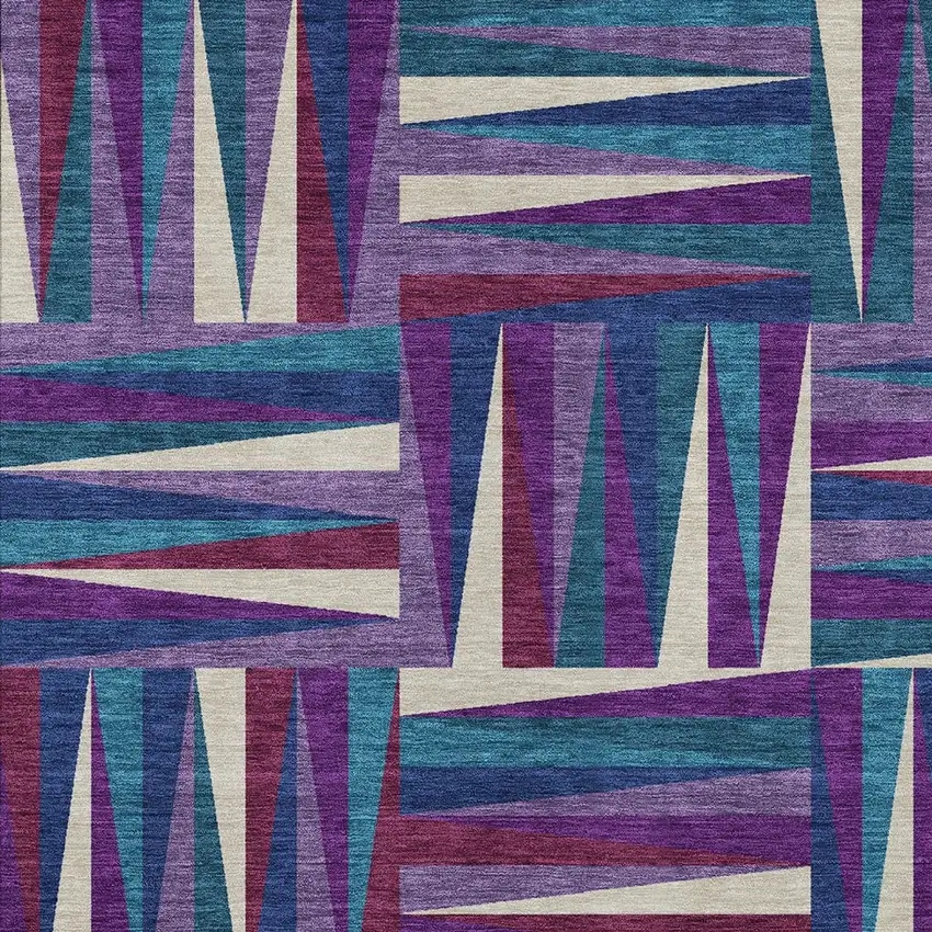 Purple Ivory And Teal Blue Geometric Washable Indoor Outdoor Area Rug Photo 5