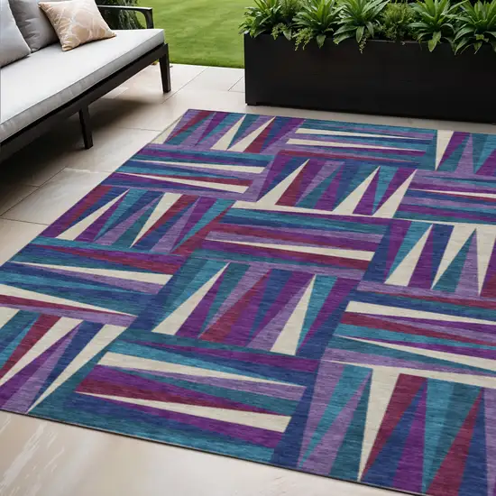 Purple Ivory And Teal Blue Geometric Washable Indoor Outdoor Area Rug Photo 1