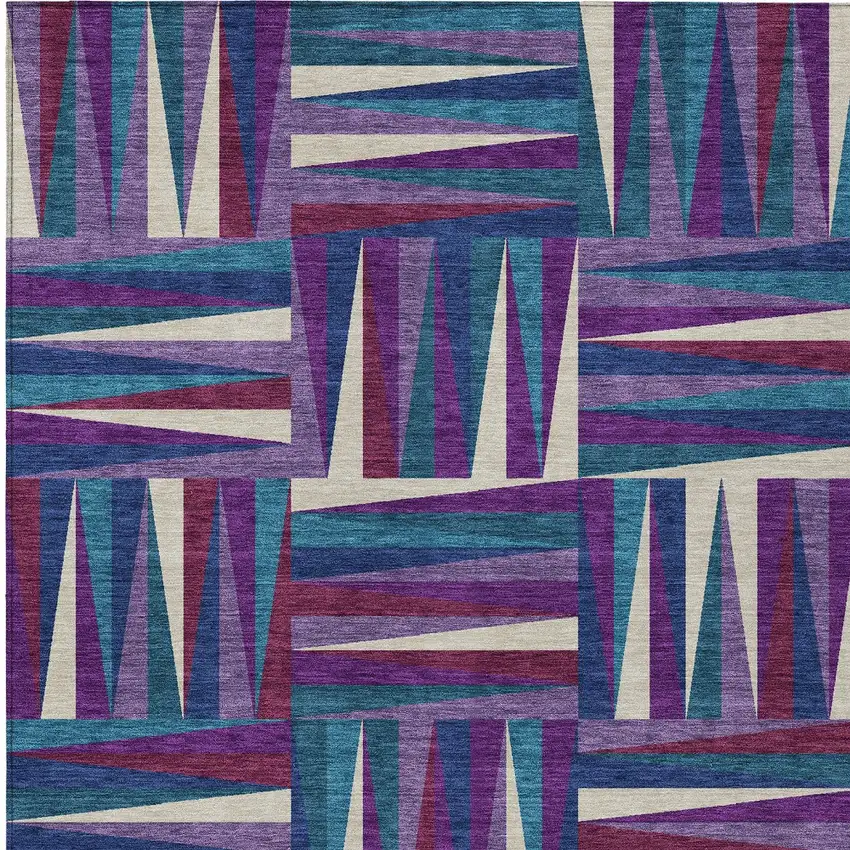 Purple Ivory And Teal Blue Geometric Washable Indoor Outdoor Area Rug Photo 7