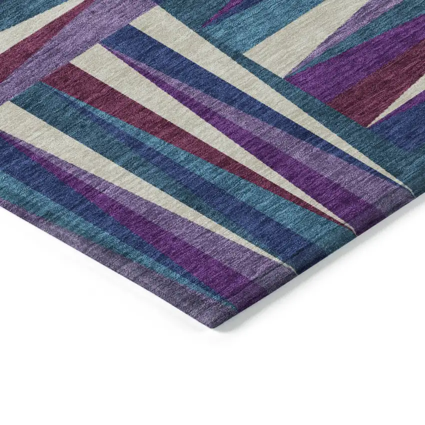 Purple Ivory And Teal Blue Geometric Washable Indoor Outdoor Area Rug Photo 4