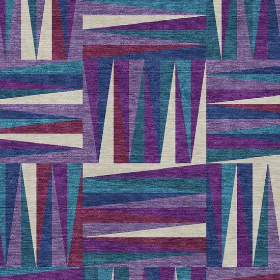 Purple Ivory And Teal Blue Geometric Washable Indoor Outdoor Area Rug Photo 5