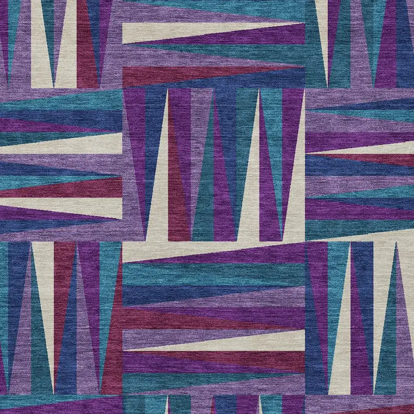 Purple Ivory And Teal Blue Geometric Washable Indoor Outdoor Area Rug Photo 5