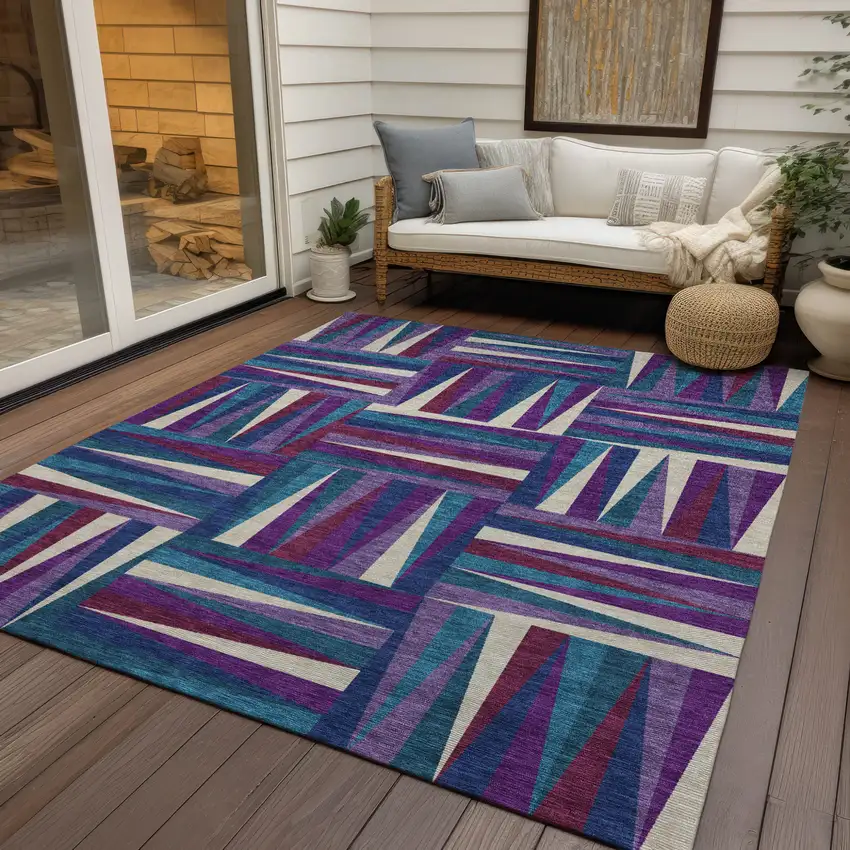 Purple Ivory And Teal Blue Geometric Washable Indoor Outdoor Area Rug Photo 8
