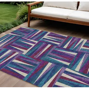Photo of Purple Ivory And Teal Blue Geometric Washable Indoor Outdoor Area Rug