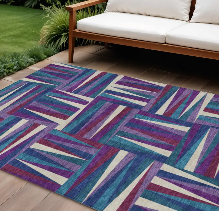 Purple Ivory And Teal Blue Geometric Washable Indoor Outdoor Area Rug Photo 1