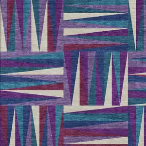 Photo of Purple Ivory And Teal Blue Geometric Washable Indoor Outdoor Area Rug