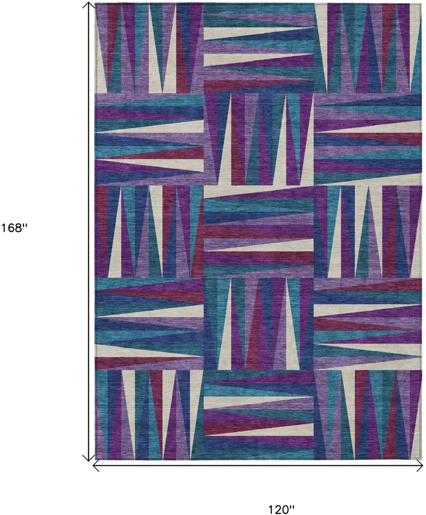 Purple Ivory And Teal Blue Geometric Washable Indoor Outdoor Area Rug Photo 3
