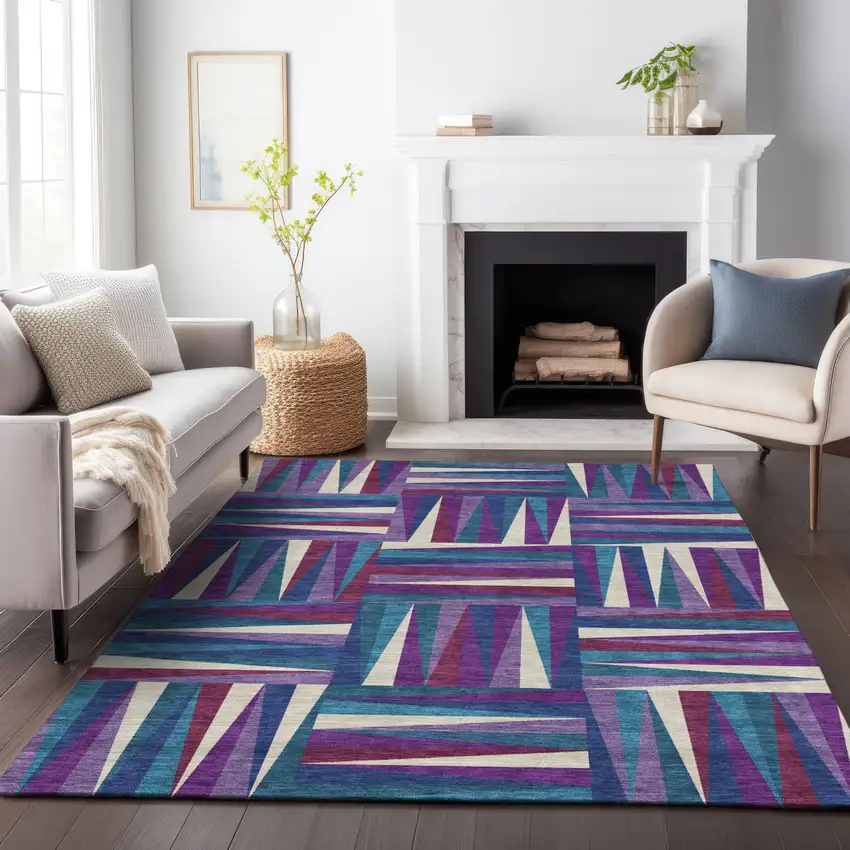 Purple Ivory And Teal Blue Geometric Washable Indoor Outdoor Area Rug Photo 9
