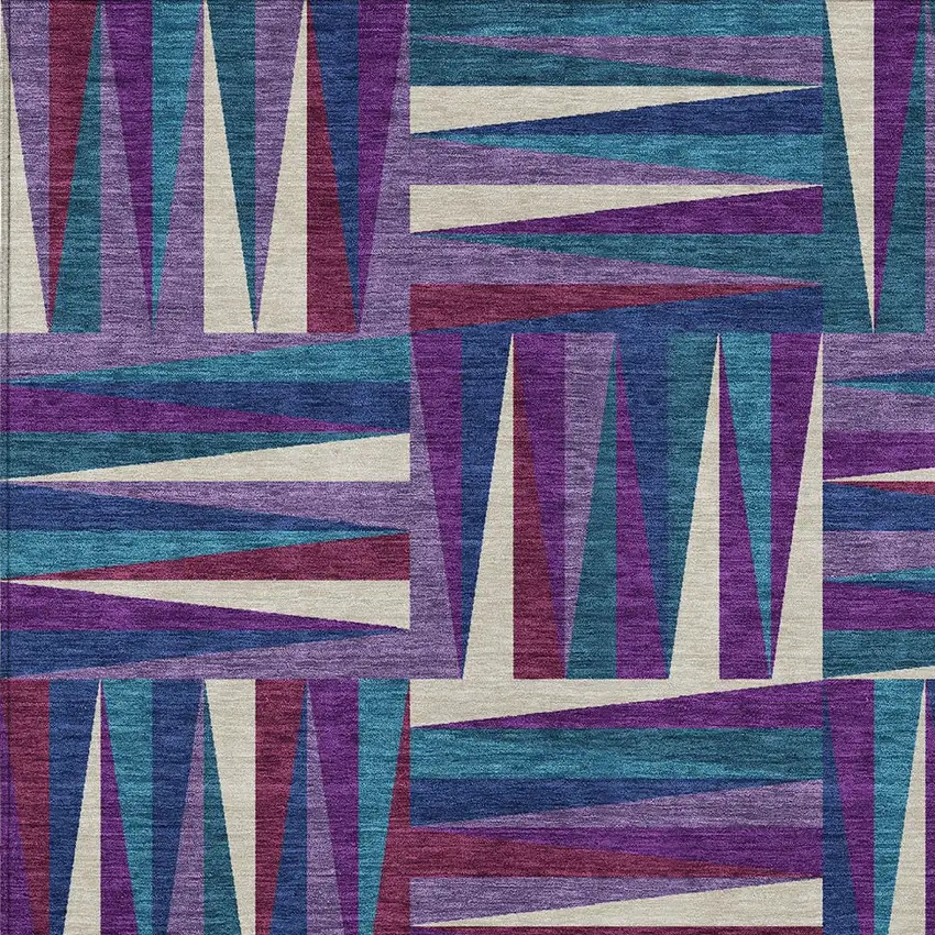 Purple Ivory And Teal Blue Geometric Washable Indoor Outdoor Area Rug Photo 5