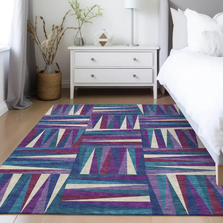 Purple Ivory And Teal Blue Geometric Washable Indoor Outdoor Area Rug Photo 9