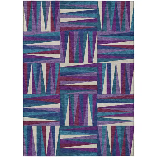 Purple Ivory And Teal Blue Geometric Washable Indoor Outdoor Area Rug Photo 2