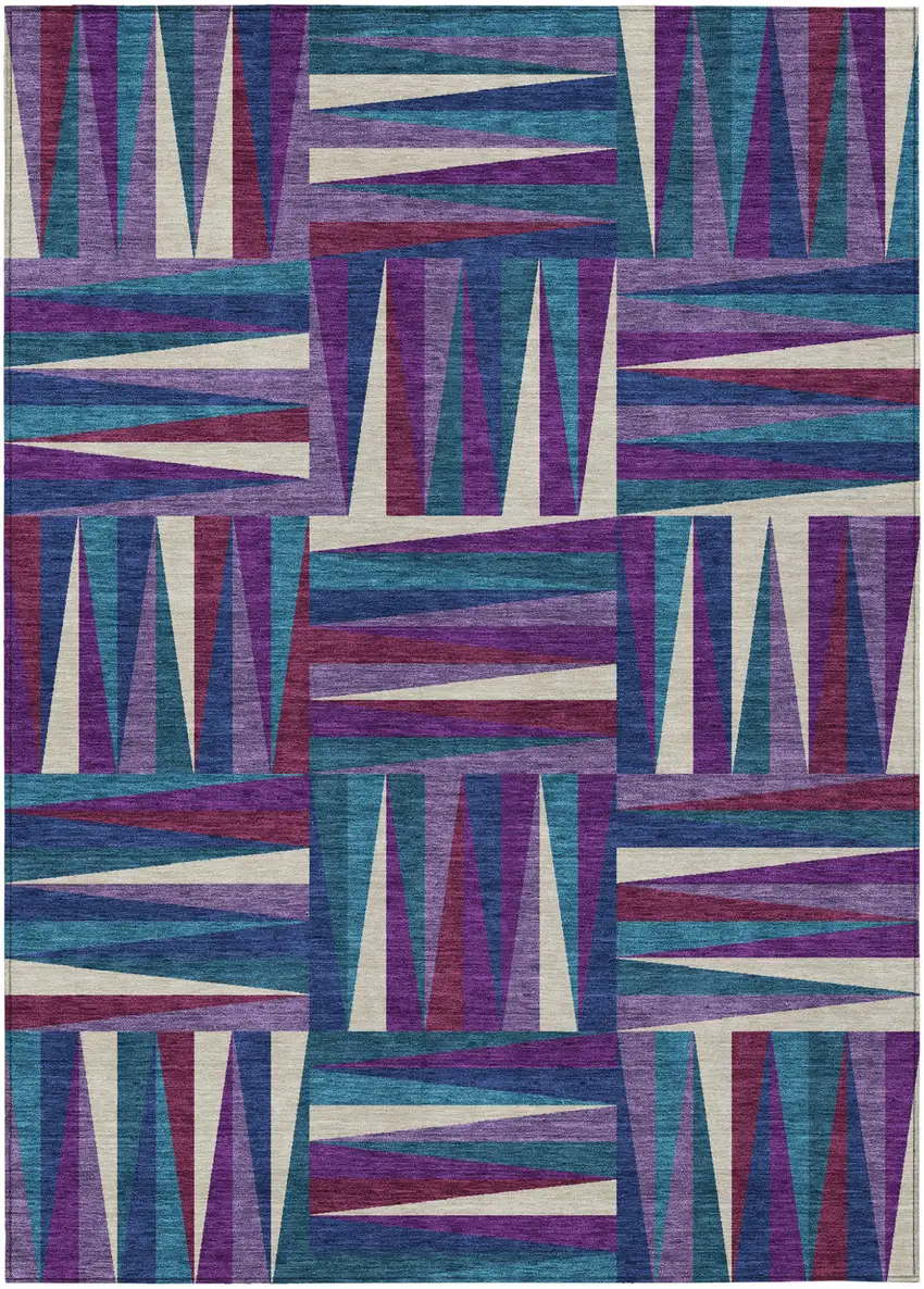 Purple Ivory And Teal Blue Geometric Washable Indoor Outdoor Area Rug Photo 2