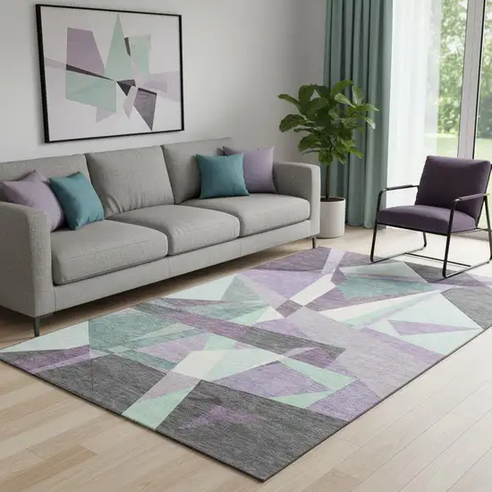 Purple Ivory And Teal Geometric Washable Area Rug With UV Protection Photo 2