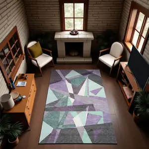 Photo of Purple Ivory And Teal Geometric Washable Area Rug With UV Protection