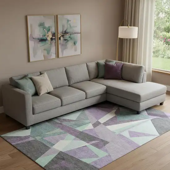 Purple Ivory And Teal Geometric Washable Area Rug With UV Protection Photo 2