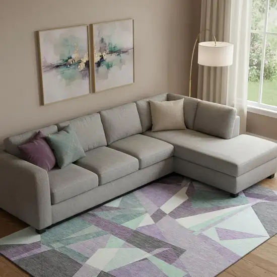 Purple Ivory And Teal Geometric Washable Area Rug With UV Protection Photo 2