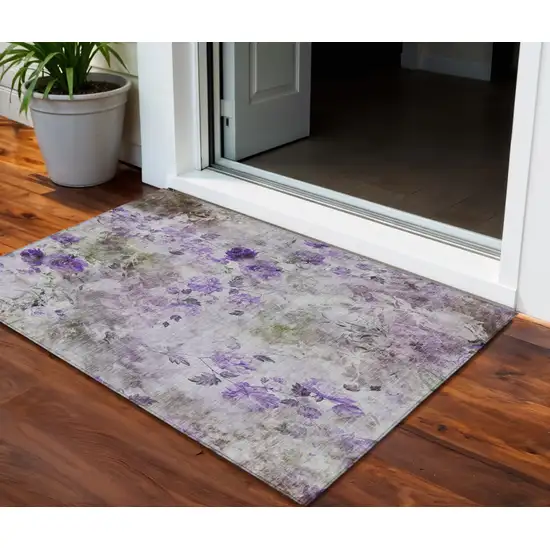 Purple Lavender And Artichoke Green Floral Washable Indoor Outdoor Area Rug Photo 1