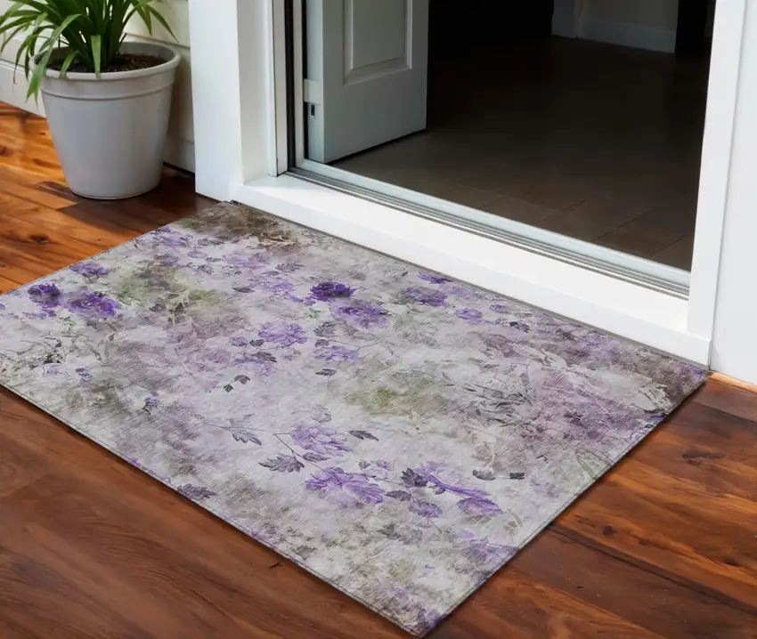 Purple Lavender And Artichoke Green Floral Washable Indoor Outdoor Area Rug Photo 1