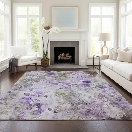 Purple Lavender And Artichoke Green Floral Washable Indoor Outdoor Area Rug Photo 8