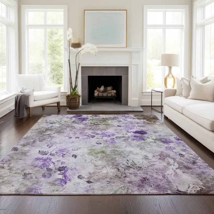 Purple Lavender And Artichoke Green Floral Washable Indoor Outdoor Area Rug Photo 8